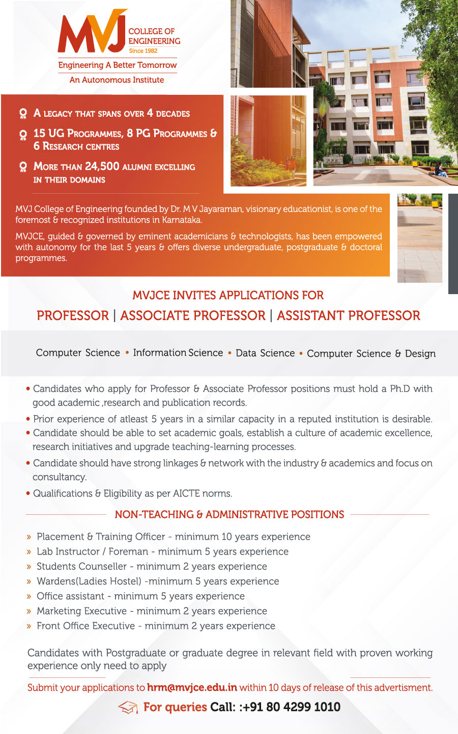 MVJCE Invites applications for academic Positions