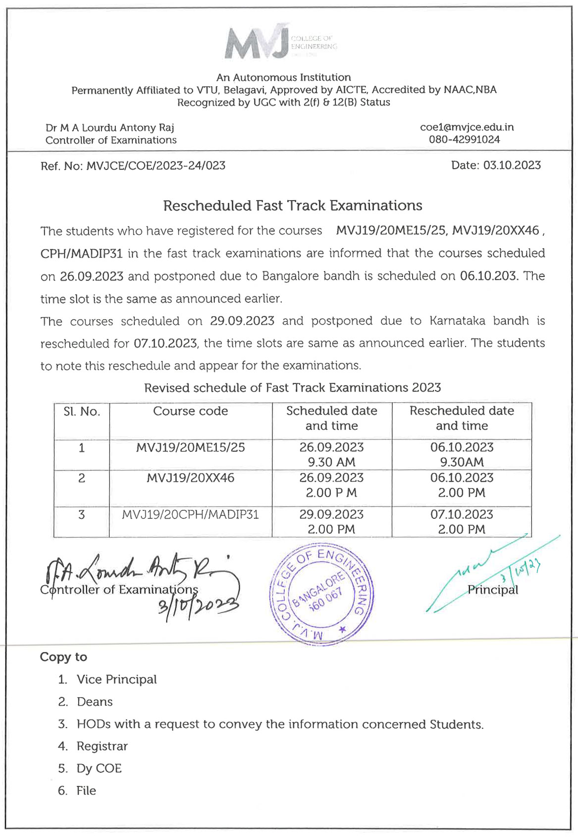 Rescheduled fast Track examinations